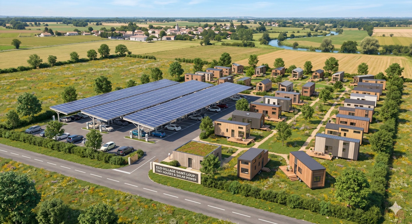 Vue d'ensemble d'un éco-hameau Tiny Power avec ombrières photovoltaïques, tiny houses et tentes safari dans un cadre naturel au coucher de soleil