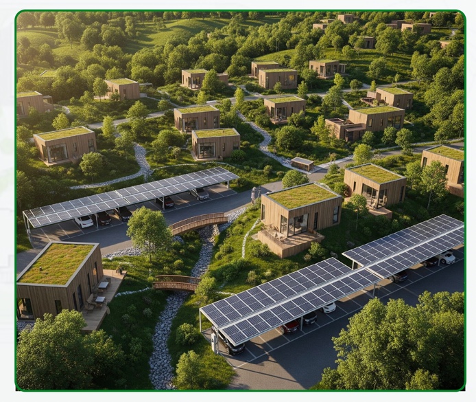 Vue d'ensemble du projet Eco-Ternant Les Granges avec les installations photovoltaïques et les hébergements intégrés au paysage
